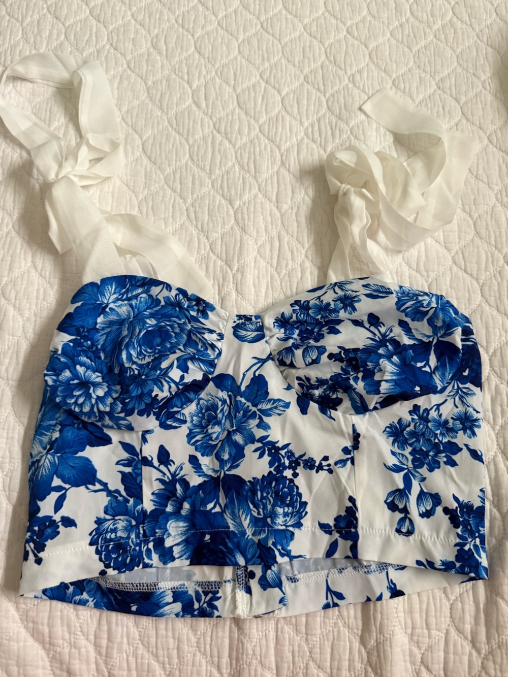 SHEIN White Bustier Crop Top with Blue Floral Print